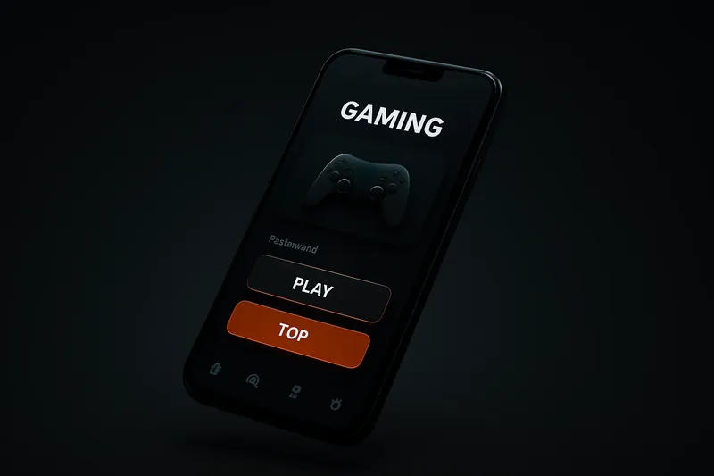 Premium Gaming App UI Modern smartphone floating with dark premium gaming app interface and glow