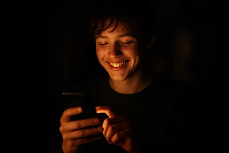 Smiling Phone User Young person smiling while tapping phone in warm screen light