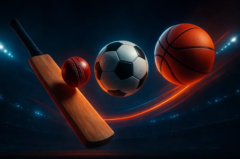 Cricket bat and ball with football and basketball on neon stadium background