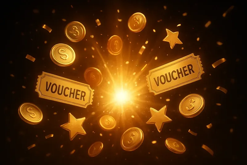 Golden coins, voucher tickets, and stars bursting from bright flash