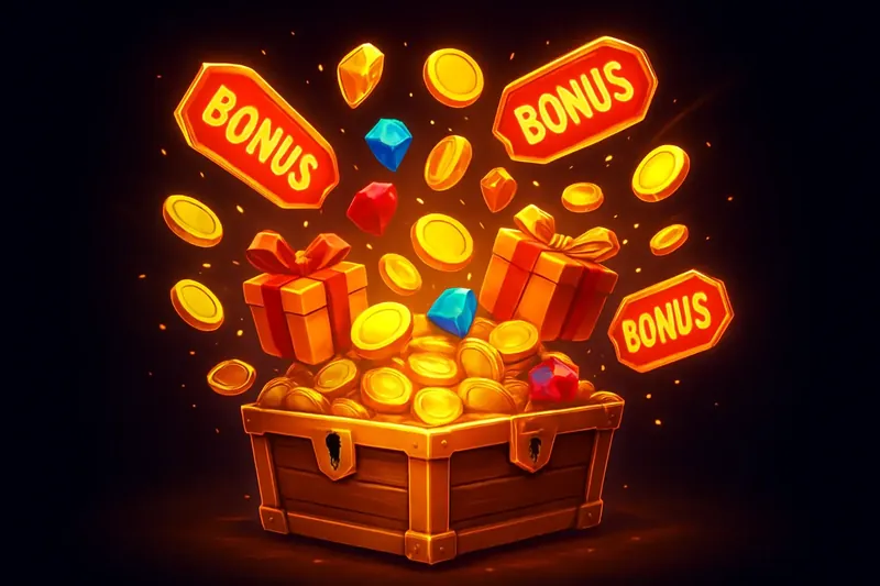 Golden treasure chest bursting with coins, gems, gifts, and bonus tags