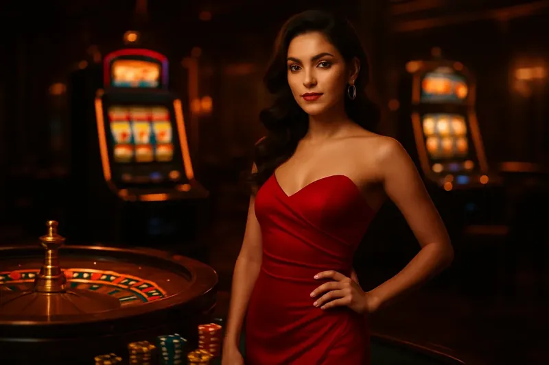 Luxury Casino Banner Bangladesh casino homepage banner with woman in red dress, roulette and slots