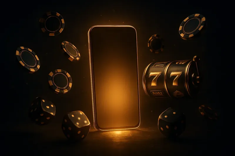 Luxury Casino Promo Glowing smartphone with floating casino chips, dice, and slot reels