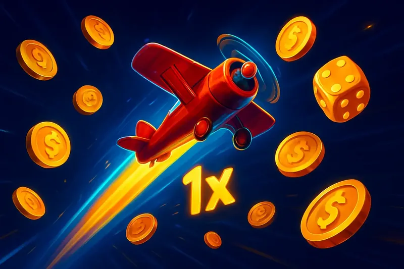 Red airplane soaring with glowing multiplier trail, coins and dice floating