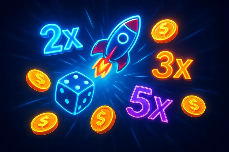 Colorful instant game icons exploding in neon light on dark background