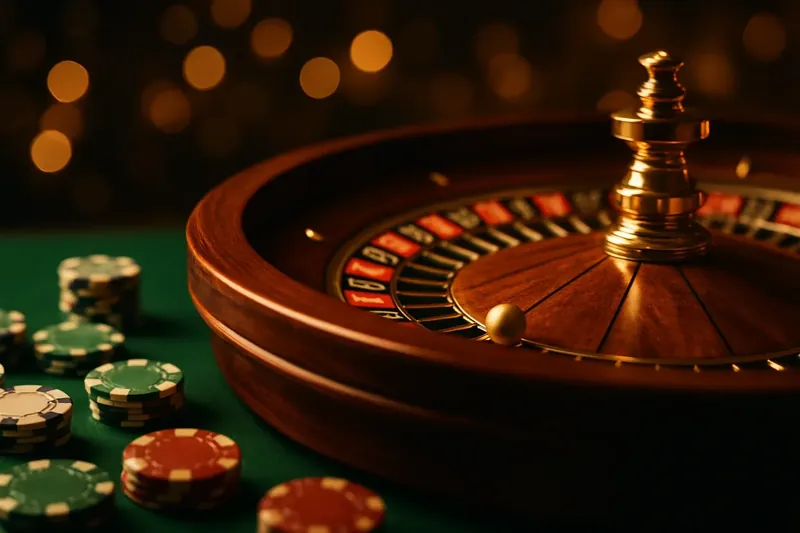 Close-up roulette wheel spinning with golden ball and chips on green felt
