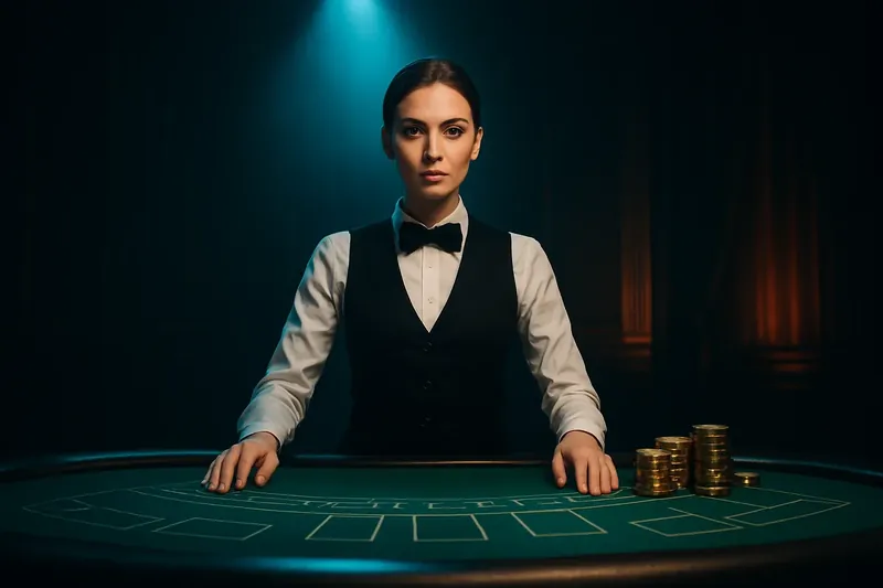 Professional female dealer at green felt table with golden chips