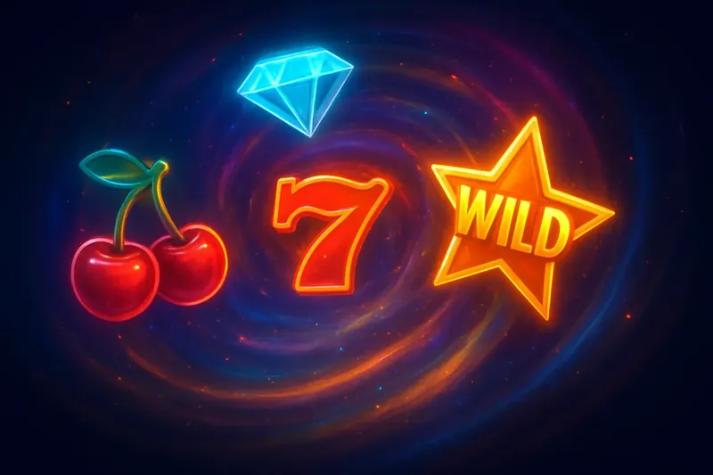 Neon Slot Symbols Colorful slot symbols in neon glow swirling on dark background