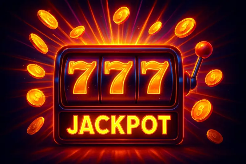 Golden 777 Jackpot Slot machine jackpot with golden 777 reels, coins and neon light beams